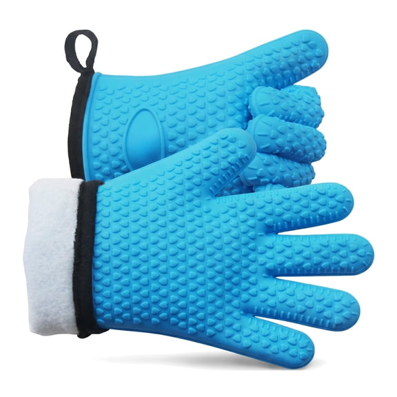 Kitchen Oven Gloves, Dual-Layer Heat Resistant Silicone Mitts with 5 Fingers, Waterproof Non-Slip Pot Holder for Grilling, Barbecue, Cooking & Baking - Blue