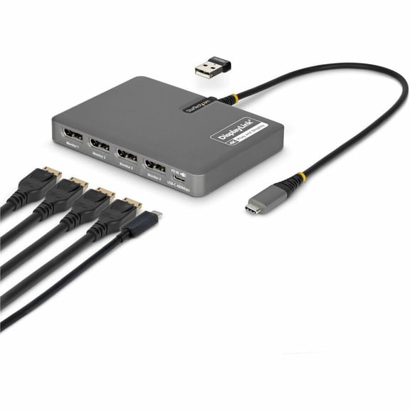 StarTech.com USB-C to Quad-Monitor Workstation Adapter, 4K 60Hz DisplayPort, 140W PD Passthrough for Laptop Charging, 1x USB 2.0 Port, TAA