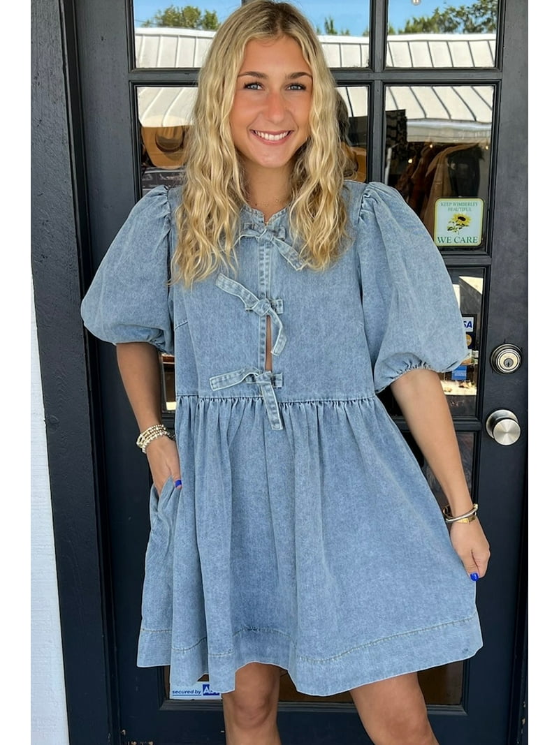 Chic Dusk Blue Bowknot Bubble Sleeve Short Denim Dress for Women |  [ZhiHiMeRi] | (US 12-14)L - Walmart.com