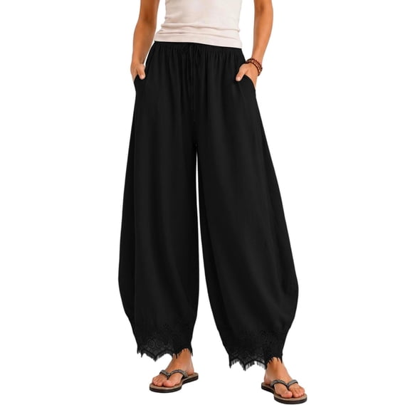 Womens Cropped Lace Hem Pants, Casual Drawstring High Waisted Wide Leg Trousers with Pockets for Summer Beach Wear