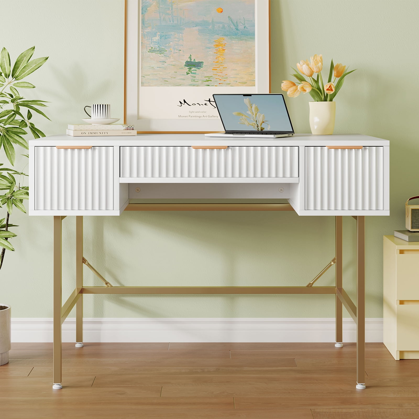 Bestier 47.6" Fluted Vanity Makeup Desk, Big Computer Writing Desk with 3 Drawers, White & Gold