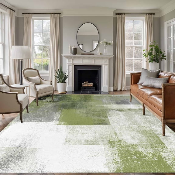 8x10 Area Rugs, Sage Green Ombre Non-Skid Rubber Backing Large Rectangle Rugs - Living Room Bedroom Home Office, Vintage Shabby Abstract Plaid Art Indoor Floor Mat Carpets Washable Rug