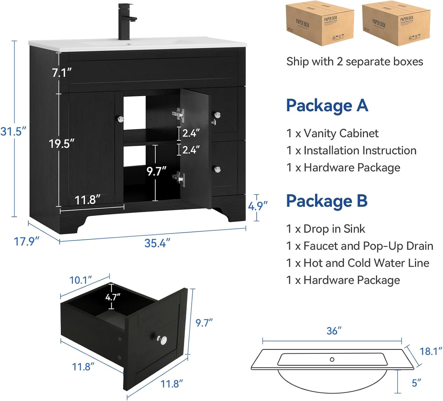 PULUOMIS 36" Bathroom Vanity with Sink Combo, Modern Bathroom Storage Vanities Set with 2 Drawers and 1 Soft Closing Door, Ceramic Undermount Sink, Without Faucet, Black