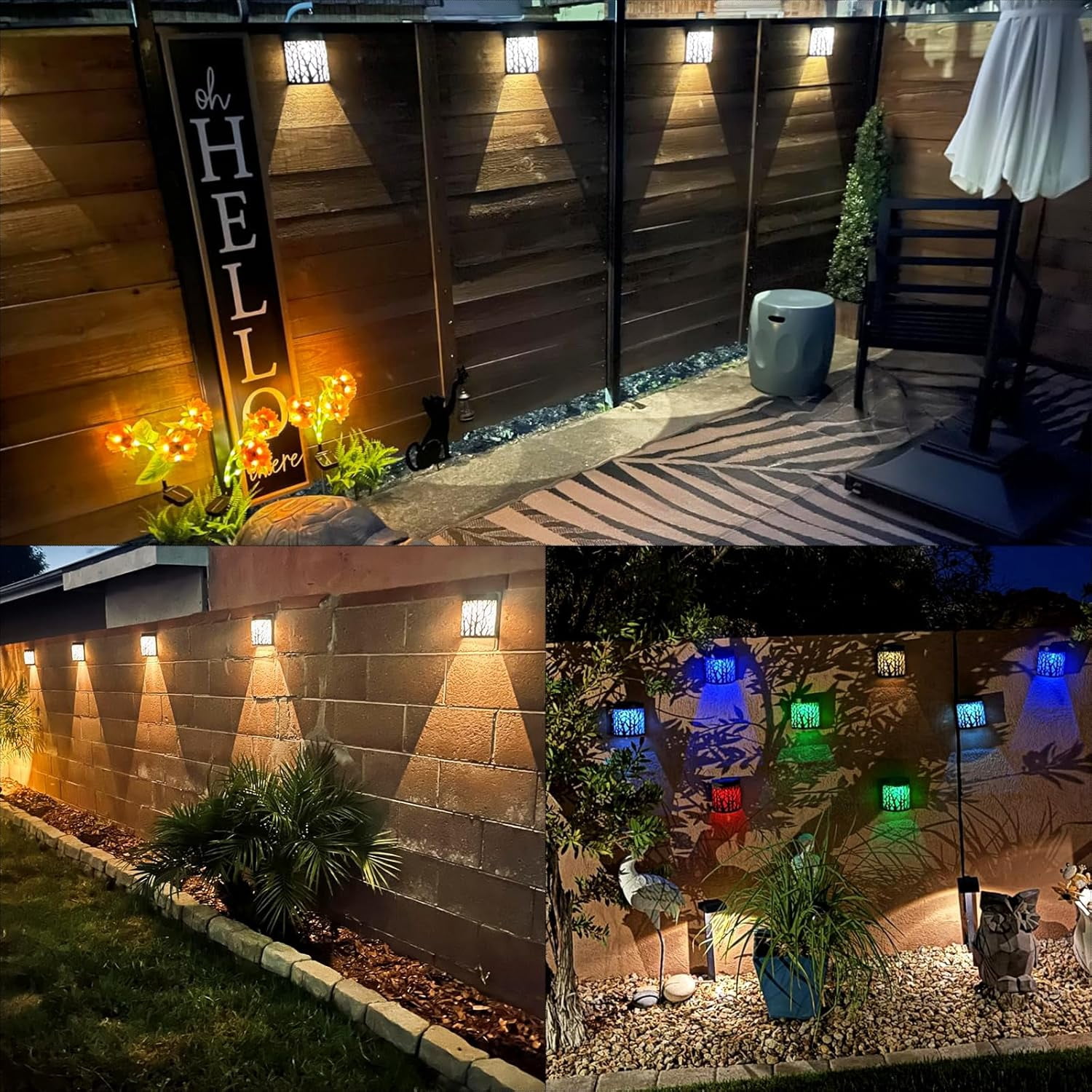 SQHQ Solar Wall Lights Outdoor Wall Sconce Fence Lighting for Patio Front Door Yard Deck Stair Led Forest Decorative Lamps, Waterproof, Warm White Color Changing (4 Pack)