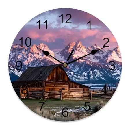 Wall Clock 10 Inch Farmhouse Old Log Barn Round Silent Decorative Wall Clocks Battery Operated for Living Room Bedroom Kitchen Classroom Decor, Western Pink Sunset Sky Mountain