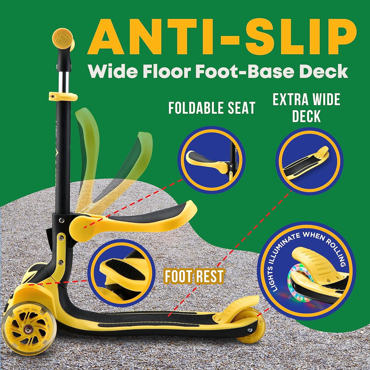 Kids Scooter – Foldable Seat – LED Wheel Lights Illuminate When Rolling – Children and Toddler 3 Wheel Kick Scooter – Adjustable Handlebar – Indoor and Outdoor- Yellow - by Lifemaster