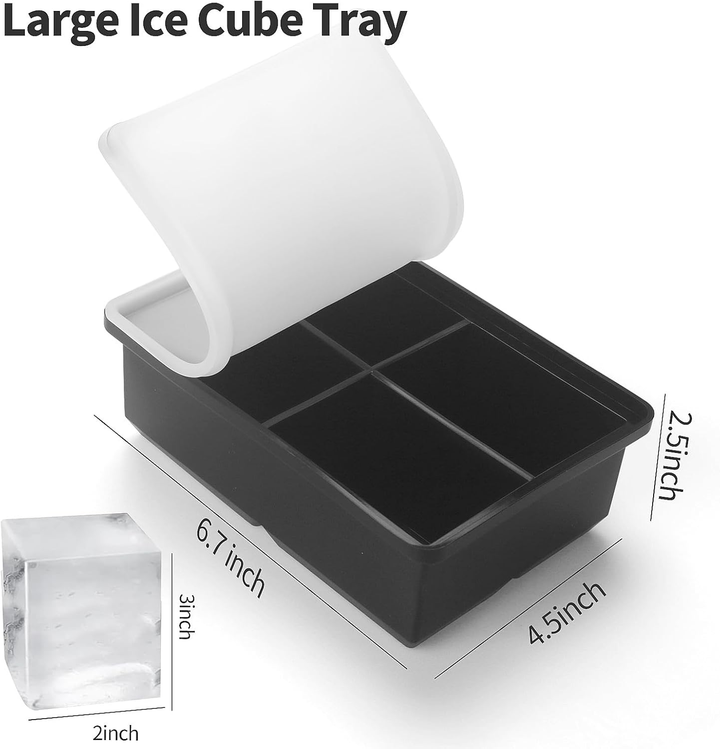 Large Ice Cube Trays for Whiskey: Big Silicone Ice Cube Trays - 3 * 2Inch Square Ice Cubed Tray for Bourbon Whisky and Cocktail - 2Pack Giant Silicon Ice Cube Tray (Black 2 Tray)