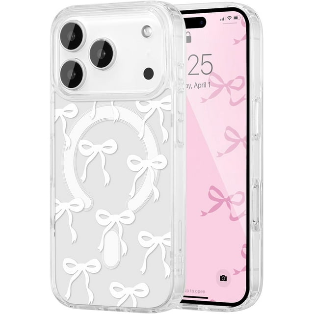 XUCP-Magnetic for iPhone 17 Pro Case, Bow Case Compatible with MagSafe, Wireless Slim Clear Ribbon Aesthetic Phone Cover Anti-Yellowing Shockproof Protective Cover for Women Girl - White
