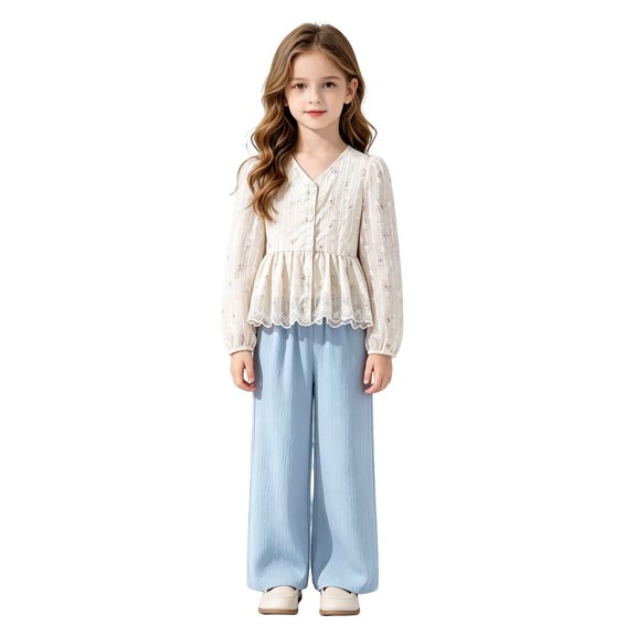 Afdoent Girls 2 Piece Outfits Lace Blouse Top Solid color Loose Casual Wide Leg Long Pants Outfit