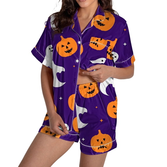 ChenYiFH Under $12 Halloween Pajamas Women Silk Satin Pajama Set for Women 2 Piece Lounge Pjs Shorts Matching Summer Sleepwear Button Down Shirt Shorts Purple XXL