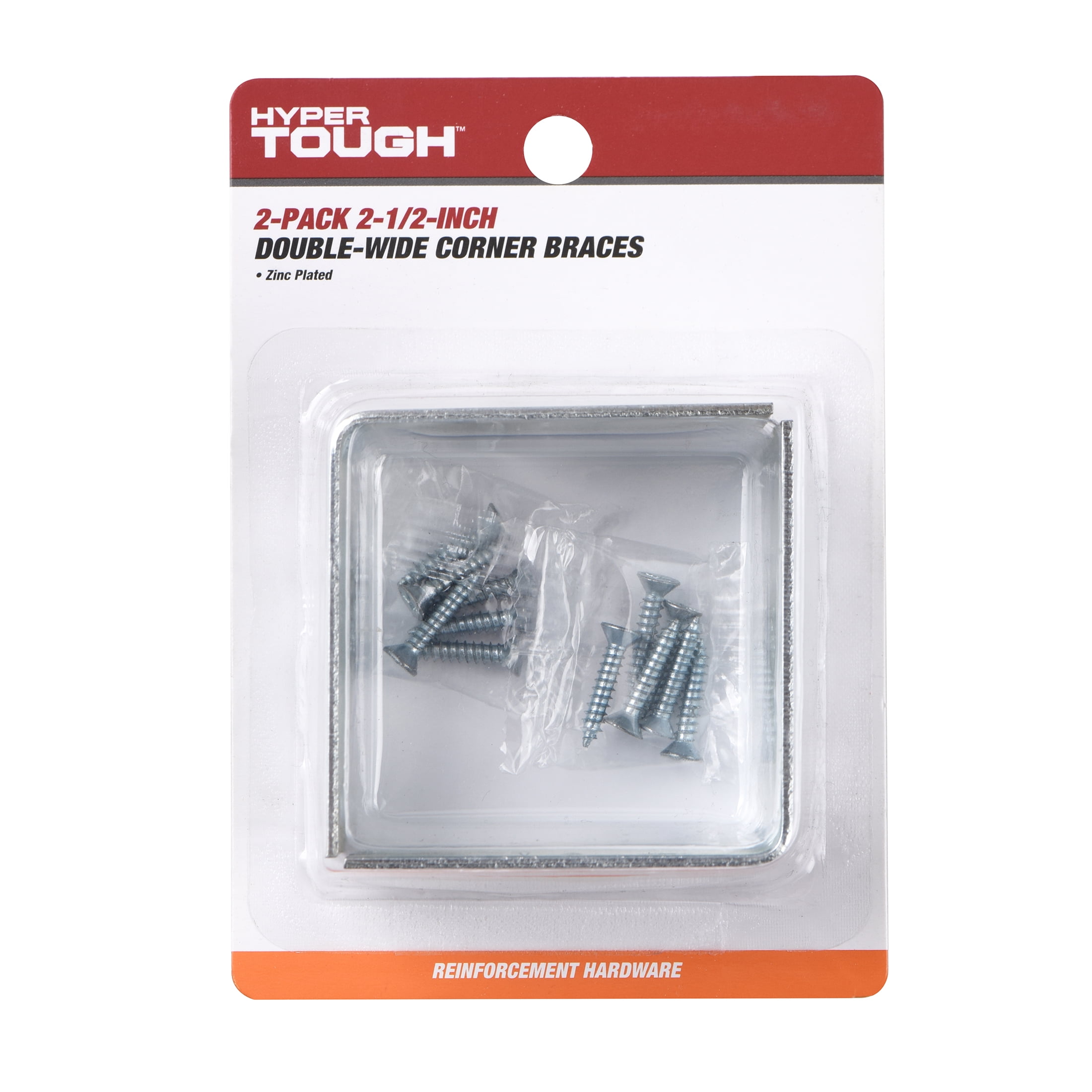 (2 pack) Hyper Tough 2-1/2 inch. x 2-1/2 inch. Double Wide Corner Brace, Steel, Zinc Plated (2 Pack), 2.5 X 1.5 X 0.071 inch