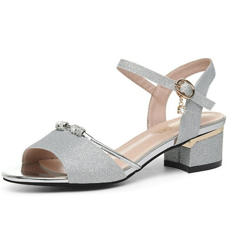 

Female s Heeled Sandals Open Peep Toe Sparkling Shoes for Outdoor School Performances Silver 35