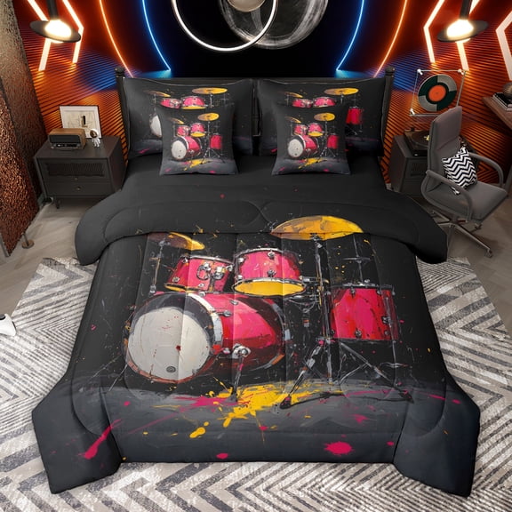 jejeloiu Oil Painting Drum Kit 7-Piece Twin Bedding Sets,Rock Music Instrument Bedding Comforter Set For Boys Kids Reversible