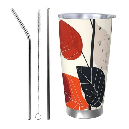 

Zeuib Modern Abstract Leaf Pattern Printed 20oz Stainless Steel Insulated Car Cup Stainless Steel Thermal Cup Vacuum Insulated Leak-proof Travel Mug Cup-Straw Three-piece Set