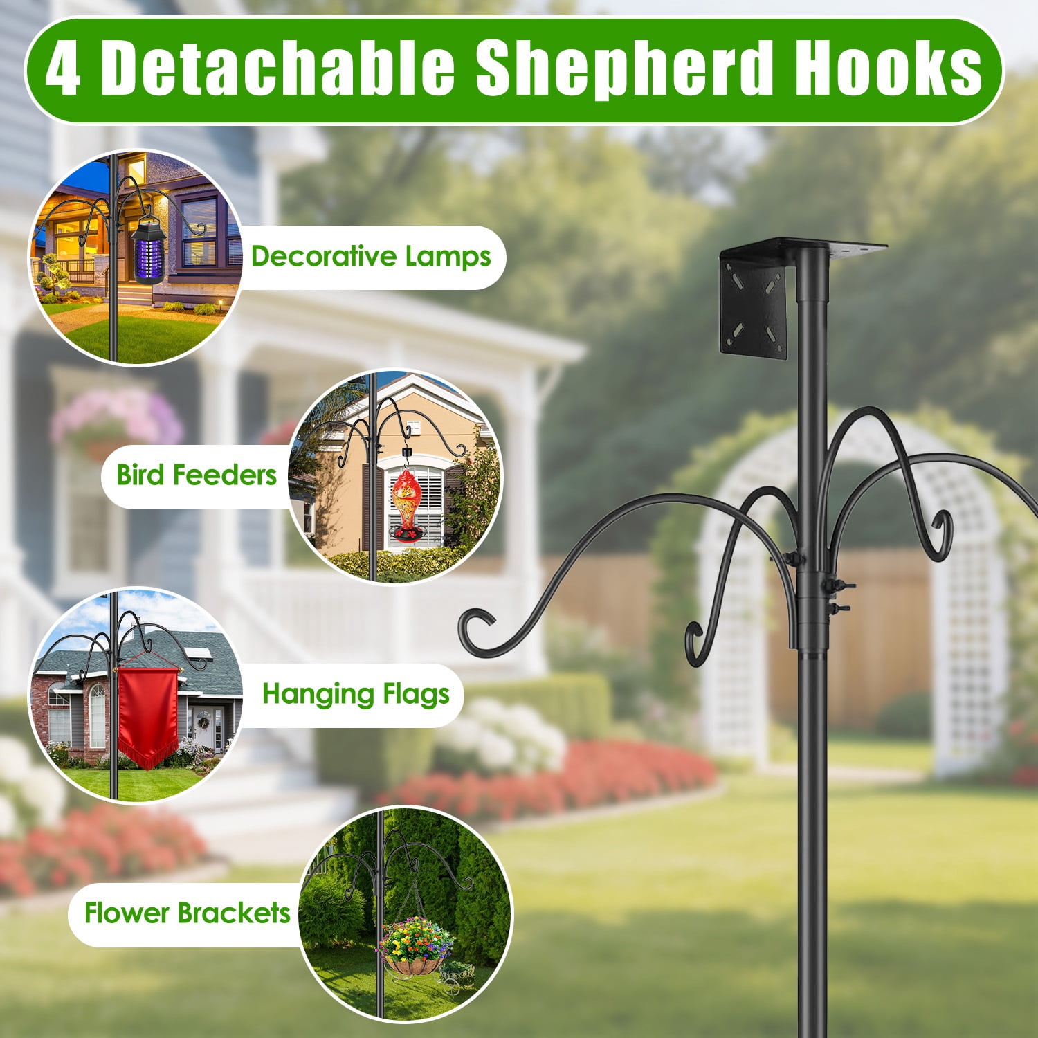 FENGFAN Adjustable Bird Feeder Pole with Squirrel Baffle,5-Prong Base Heavy Duty Iron Stand,4 Hooks Outdoor Garden Yard,1 Pack