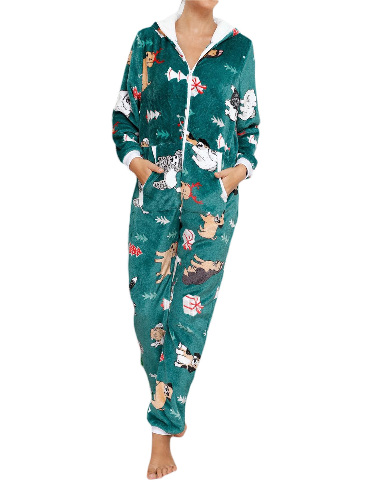 Kayotuas Womens One Piece Christmas Pajamas Coral Fleece Hooded Onesie