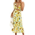 thumbnail image 4 of Qiylii Women Deep V-neck Slit Dress, Yellow Floral Print Backless Hollow Out One-piece Beach Dress, S/ M/ L/ XL, 4 of 9
