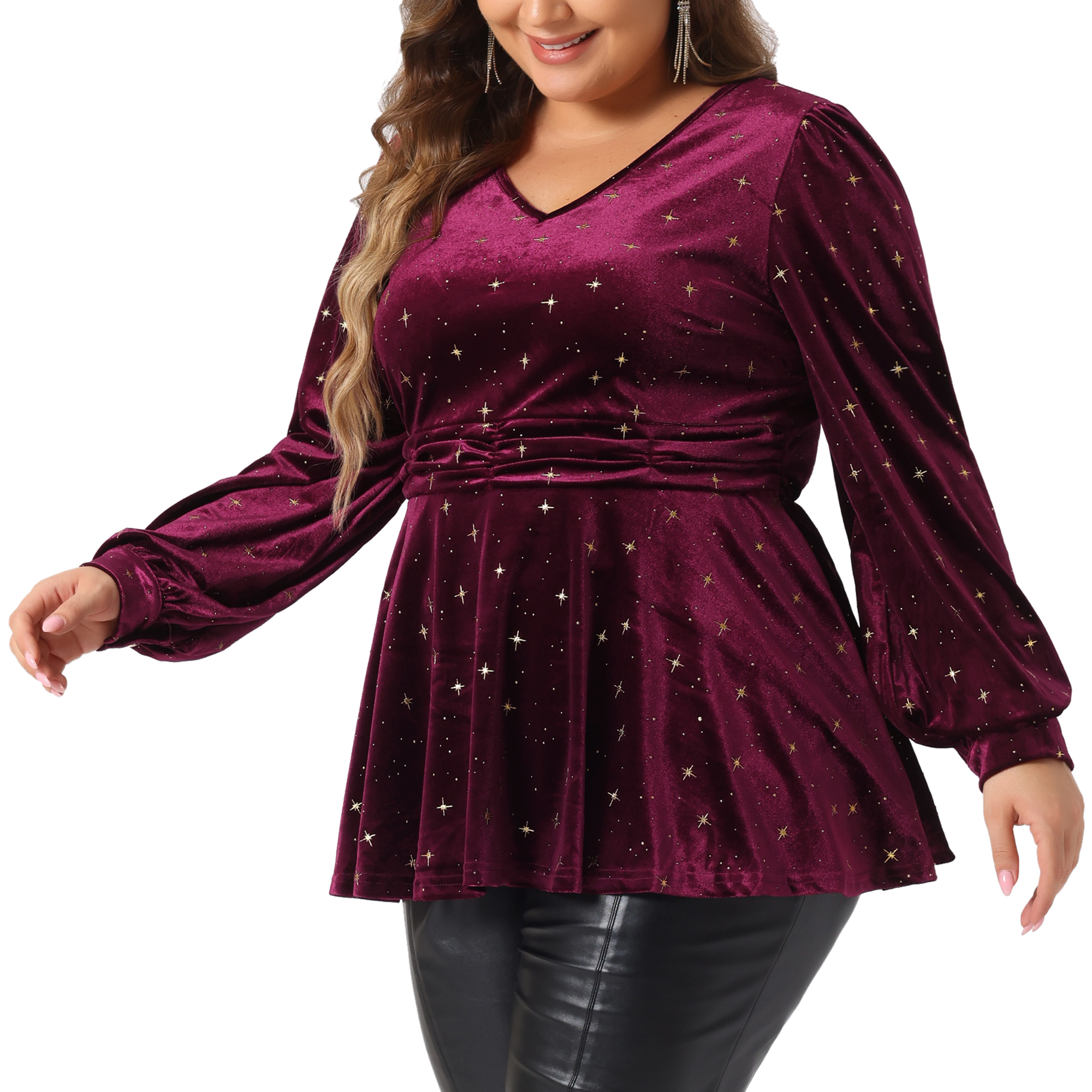 DARING DIVA Women's Plus V Neck Long Sleeve Gilding Metallic Stars Blouse 2X Burgundy
