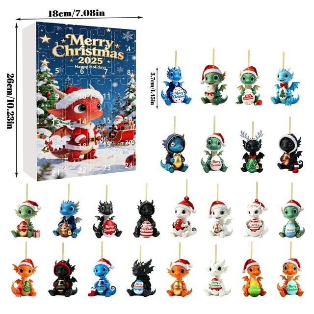 Calendario de Adviento navideño 2025 con 24 adornos de dragones | Cuenta regresiva para la llegada de Papá Noel | Decoración festiva para el árbol y regalo navideño para niños y coleccionistas