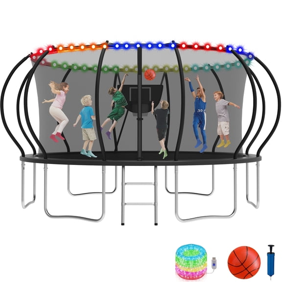 KOFUN 16FT Trampoline with Basketball Hoop & Light, 1500LBS Heavy Duty Trampoline for Adults Capacity for 7-10 Kids, No Gap Design Backyard Trampoline with Enclosure Net, Ladder, A Ball, Black