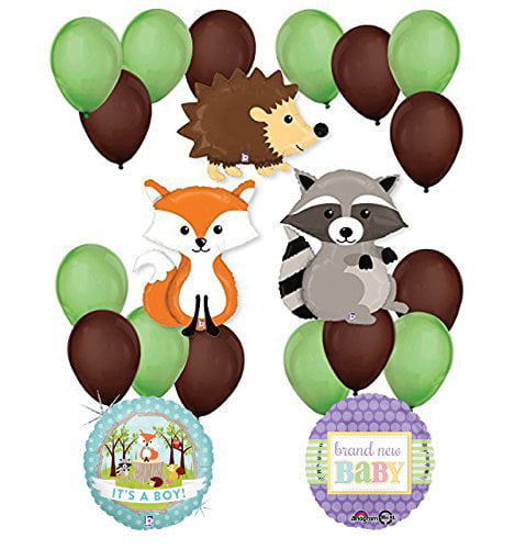 RACCOON Woodland Animals It's a BOY Welcome Baby Shower Party Mylar Balloons Set 