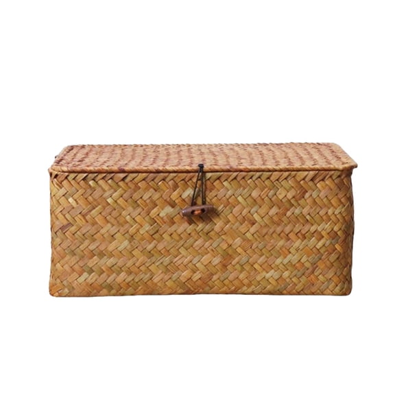 VQPeo Woven Seagrass Storage Basket with Lid – Stylish Natural Organizer for Home, Bathroom, and Bedroom Storage Solution(Khaki)