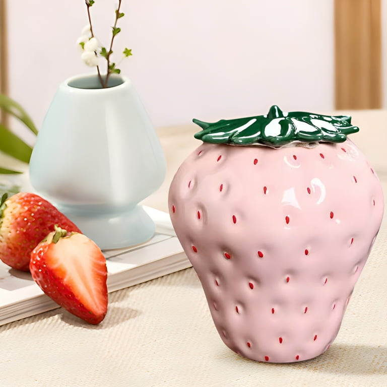 ACDANC Strawberry Ceramic Jar with Lid,Vintage Food Storage Container,Flower Vase Decor,Cute Design