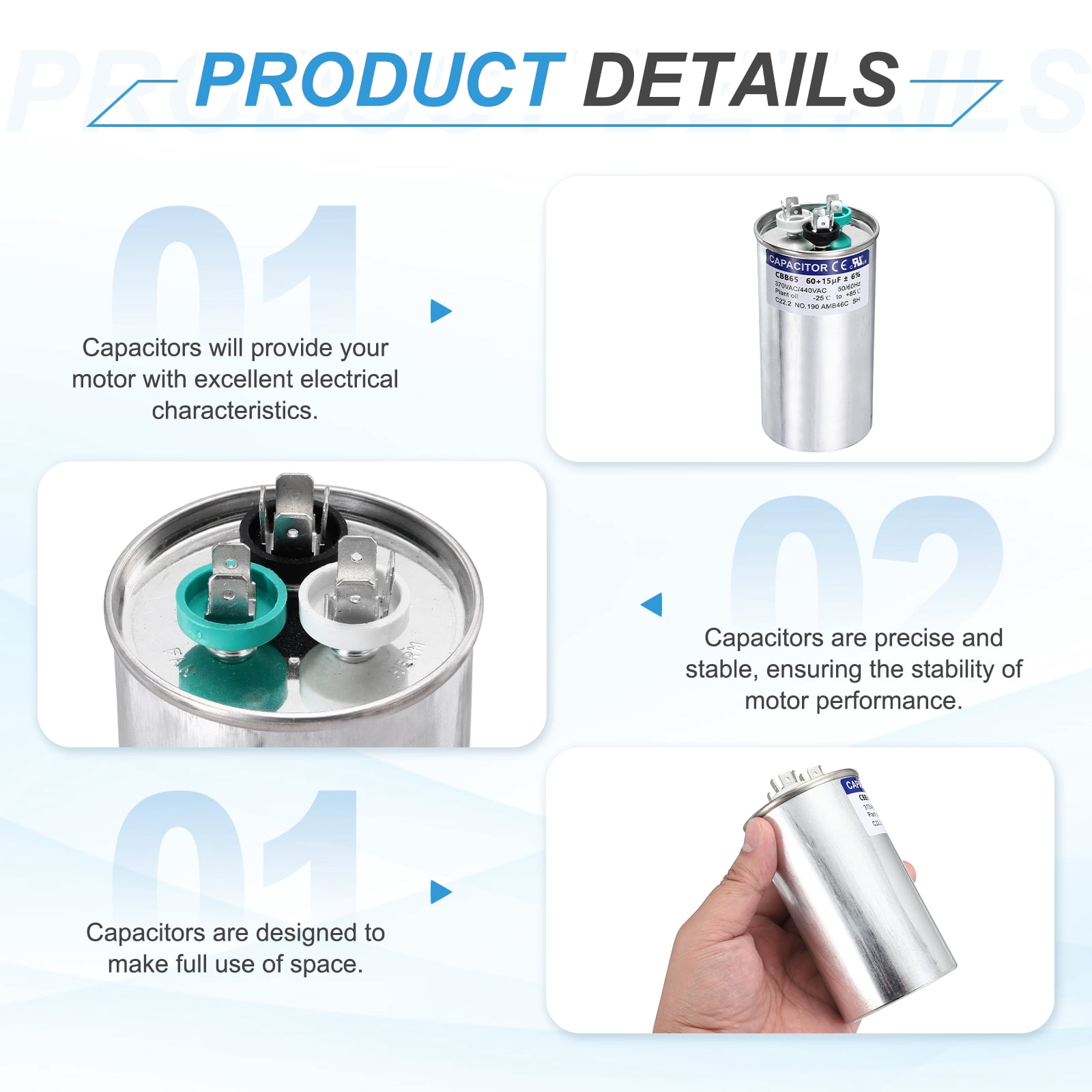 Uxcell 60+15MFD CBB65 Run Start Capacitor 60+15uF, 370/440V Round AC Capacitor for AC Motor Run, HVAC, Air Conditioner, Condenser Motors