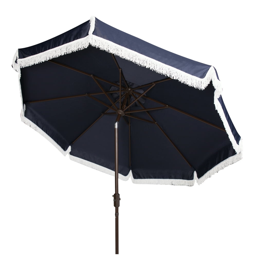 Safavieh Milan 9' Market Crank Fringe Tilt Patio Umbrella, Navy/White