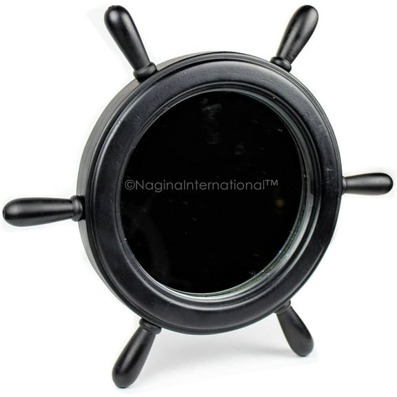 Nagina International 24" Large Matte Black Vintage Ship's Wheel Mirror | Nautical Pirate Home & Wall Decor