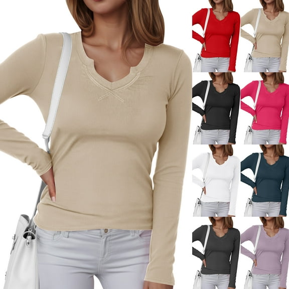 idosla Womens Long Sleeve Shirts V-Neck Rib Knit Slim Fit Tops Casual Stretch Basic Tee Going Out Top Fall Fashion 2025 (Hot Pink, M)