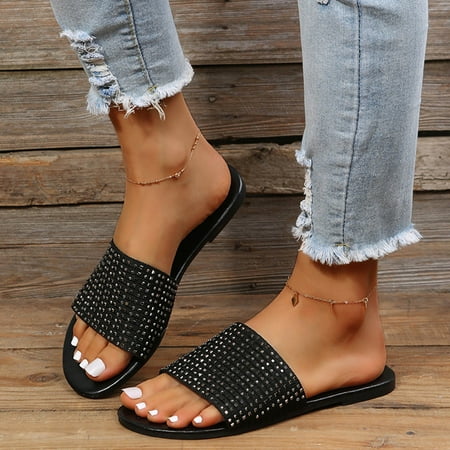 

YTJX Ladies Fashion Solid Color Rhinestones Leather Flat Bottom Casual Beach Sandals And Slippers