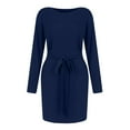 thumbnail image 6 of VSSSJ Women's Long Sleeve Casual Dresses Crew Neck Tie Waist Knee Length Daily Solid Color Comfy Loose T-Shirt Dress with Pockets Navy M, 6 of 7
