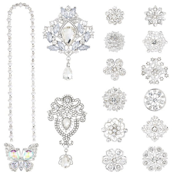 16 Pieces Floral Brooch Pins Set Rhinestone Brooches Bouquet Pins with Pearl Cup Chains Silver Alloy Bling Boutonniere Corsages DIY Jewelry Kit