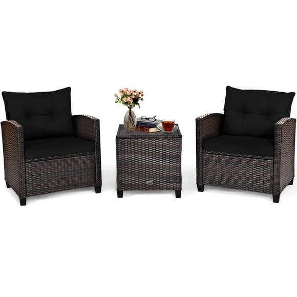Giantex 3 Pieces Patio Furniture Set, PE Rattan Wicker 3 Pcs Outdoor Sofa Set w/Washable Cushion and Tempered Glass Tabletop, Conversation Furniture for Garden Poolside Balcony (Black)