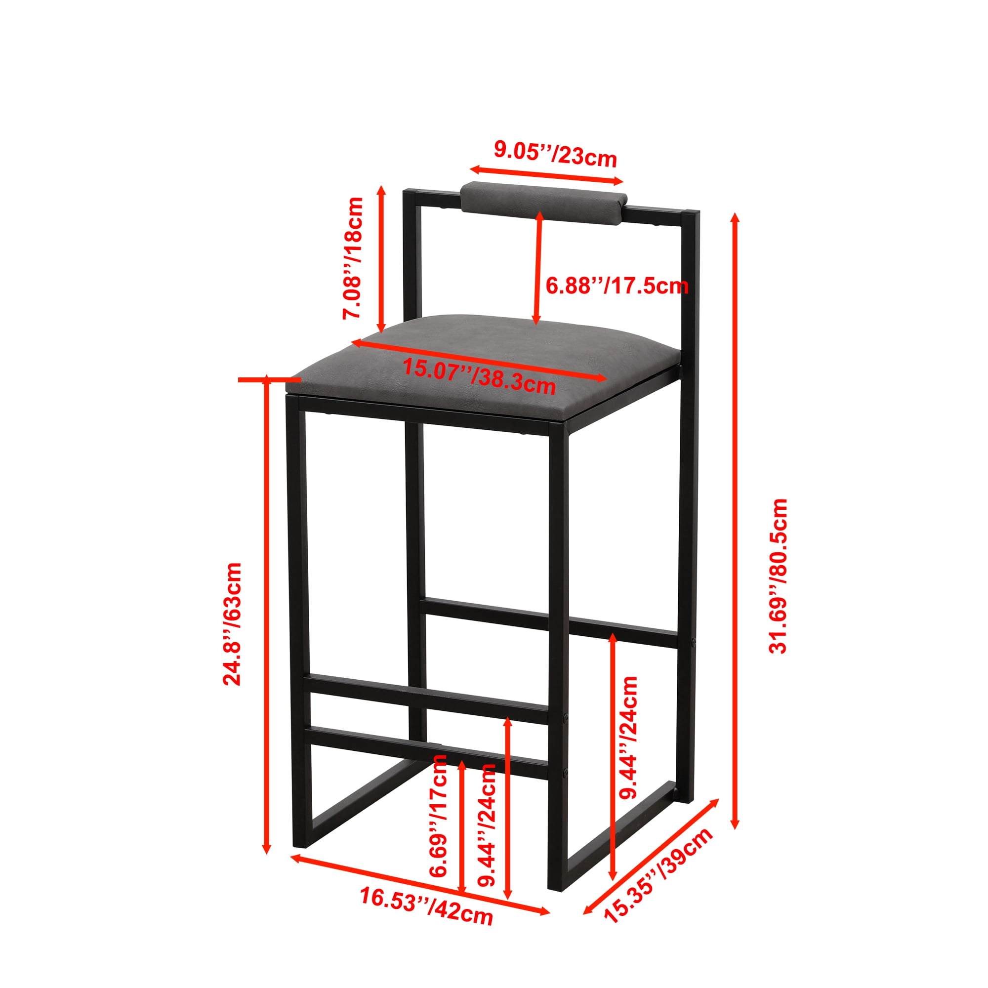 Leumius Bar Stools Set of 2,Faux Leather Upholstered Counter Height Bar Stools,Kitchen Island Stools with Back and Metal Legs,Gray