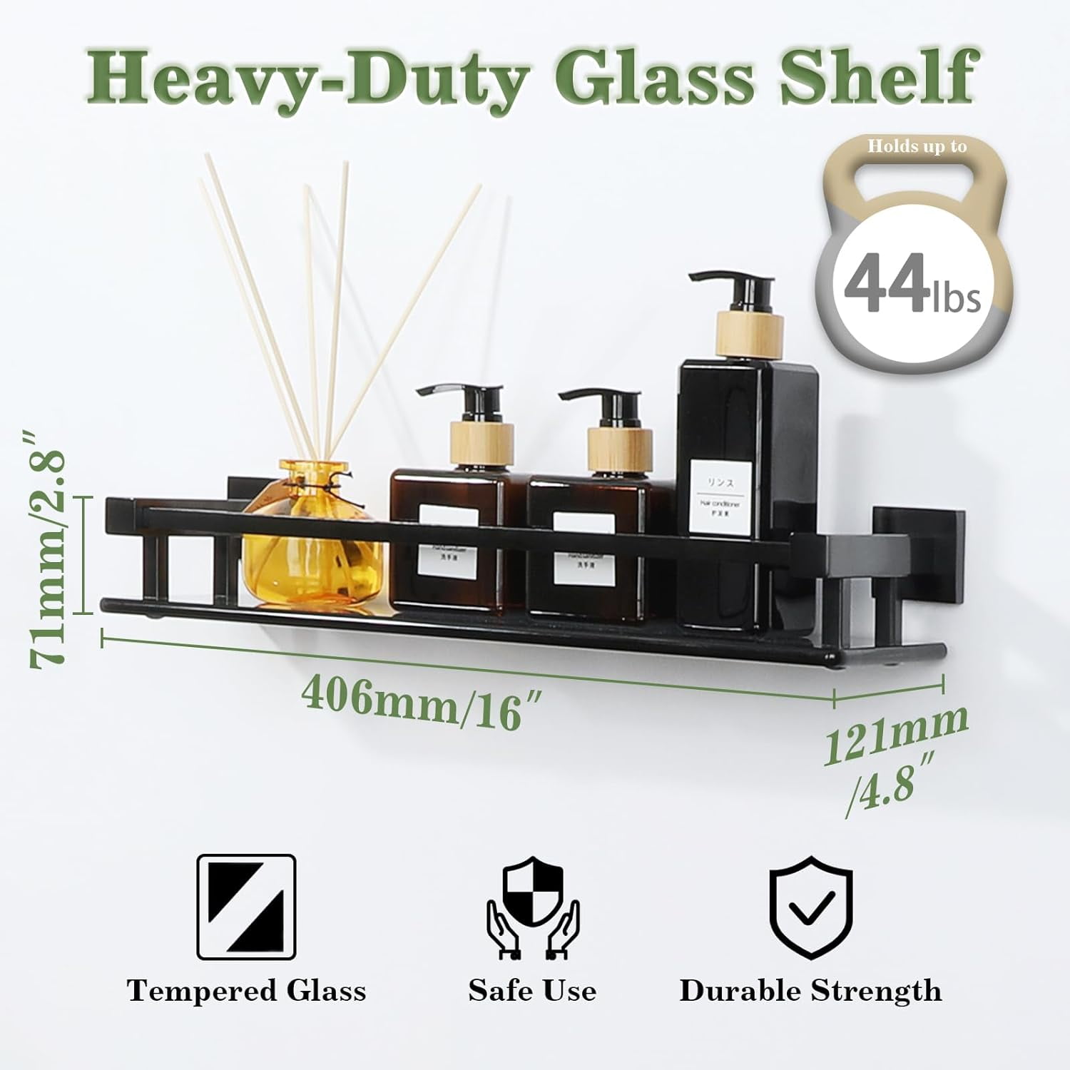 Bathroom Glass Shelf with Stainless Steel Railing, Polished Chrome Small Tempered Glass Floating Wall Shelf Over The Toilet, 16 inch