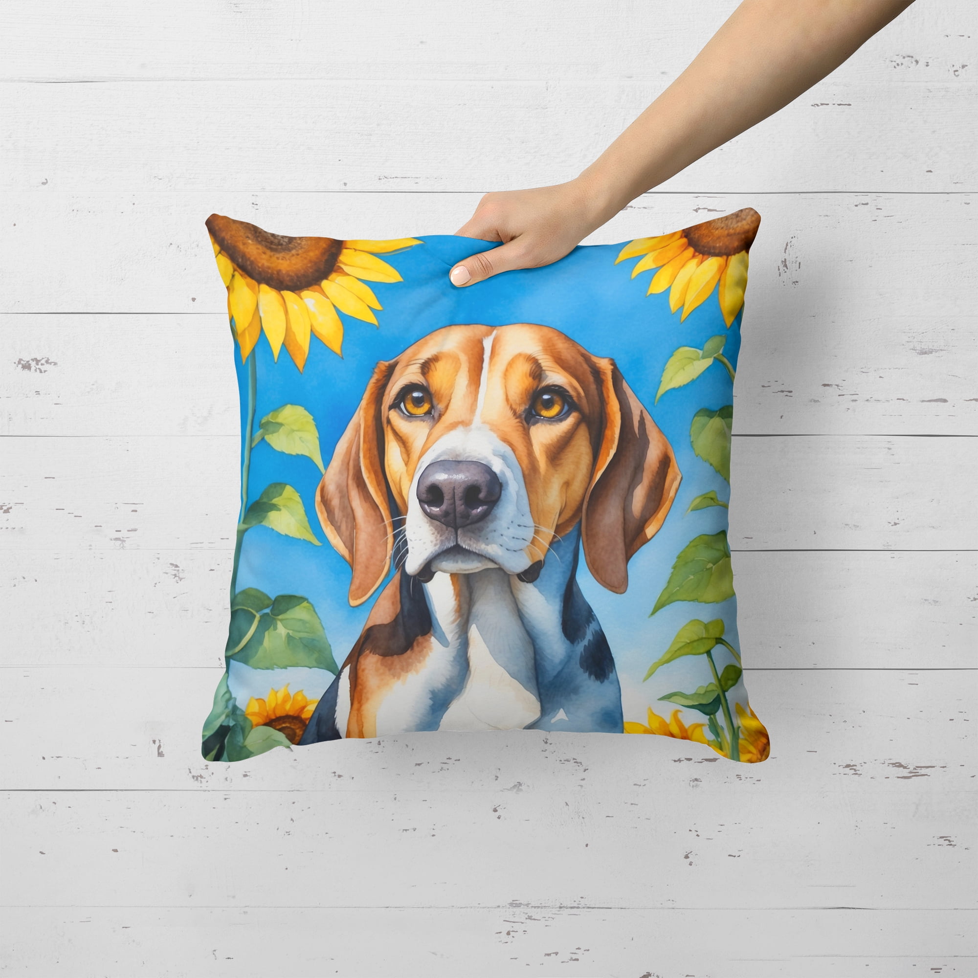 Foxhound in Sunflowers Throw Pillow 18 in x 18 in