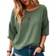 thumbnail image 3 of Camiseta de manga de siete cuartos para mujer, ropa informal cómoda, holgada, de cuello redondo, verano, 2024, 3 of 4