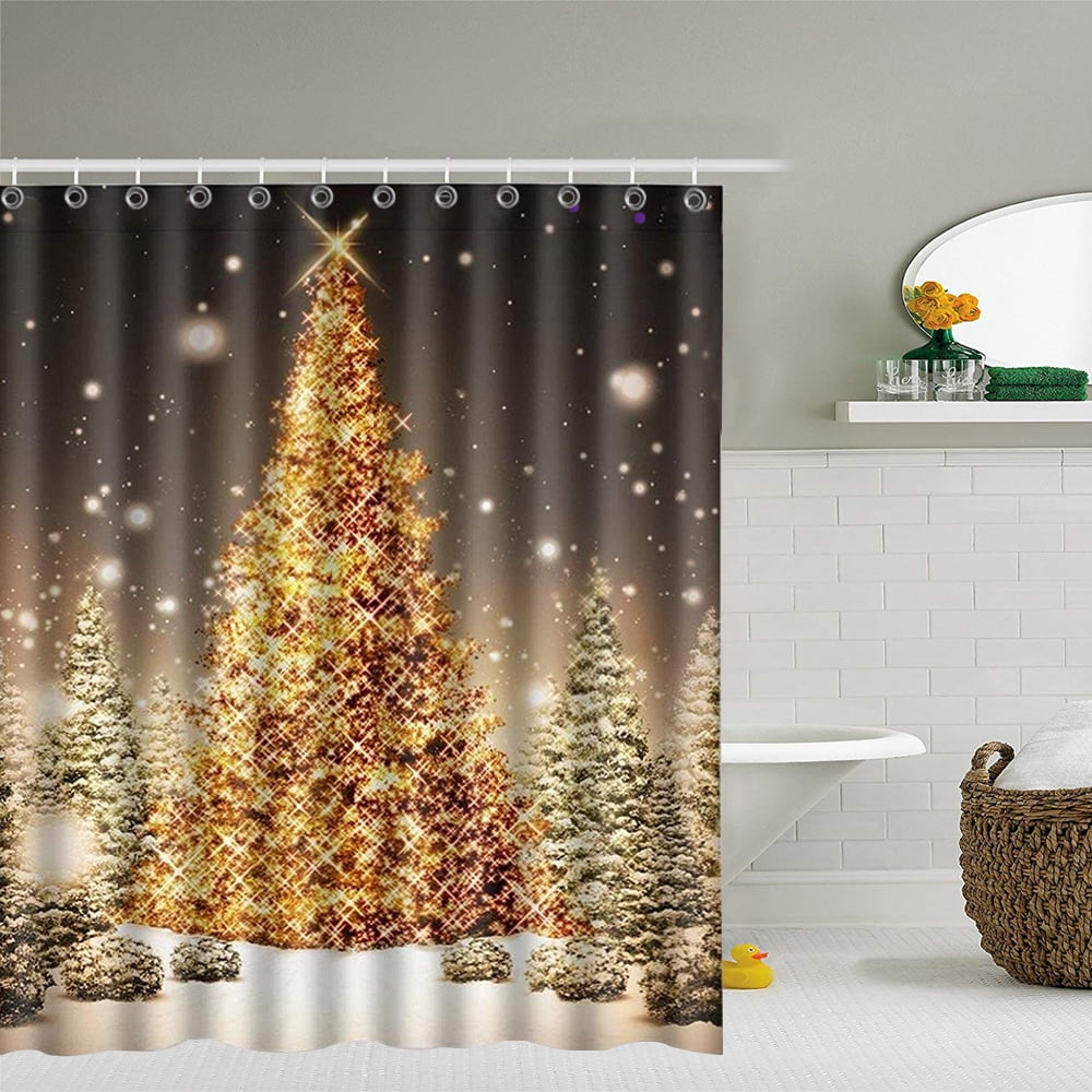 1.8M Christmas Waterproof Bathroom Shower Curtain Gold Xmas Tree Decor