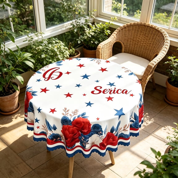 Patriotic 4th of July Round Tablecloth 60 Inch, Waterproof Stain Resistant Reusable Washable Table Cover with Scalloped Edge, Red White Blue Independence Day Party Decor for Dining Kitchen
