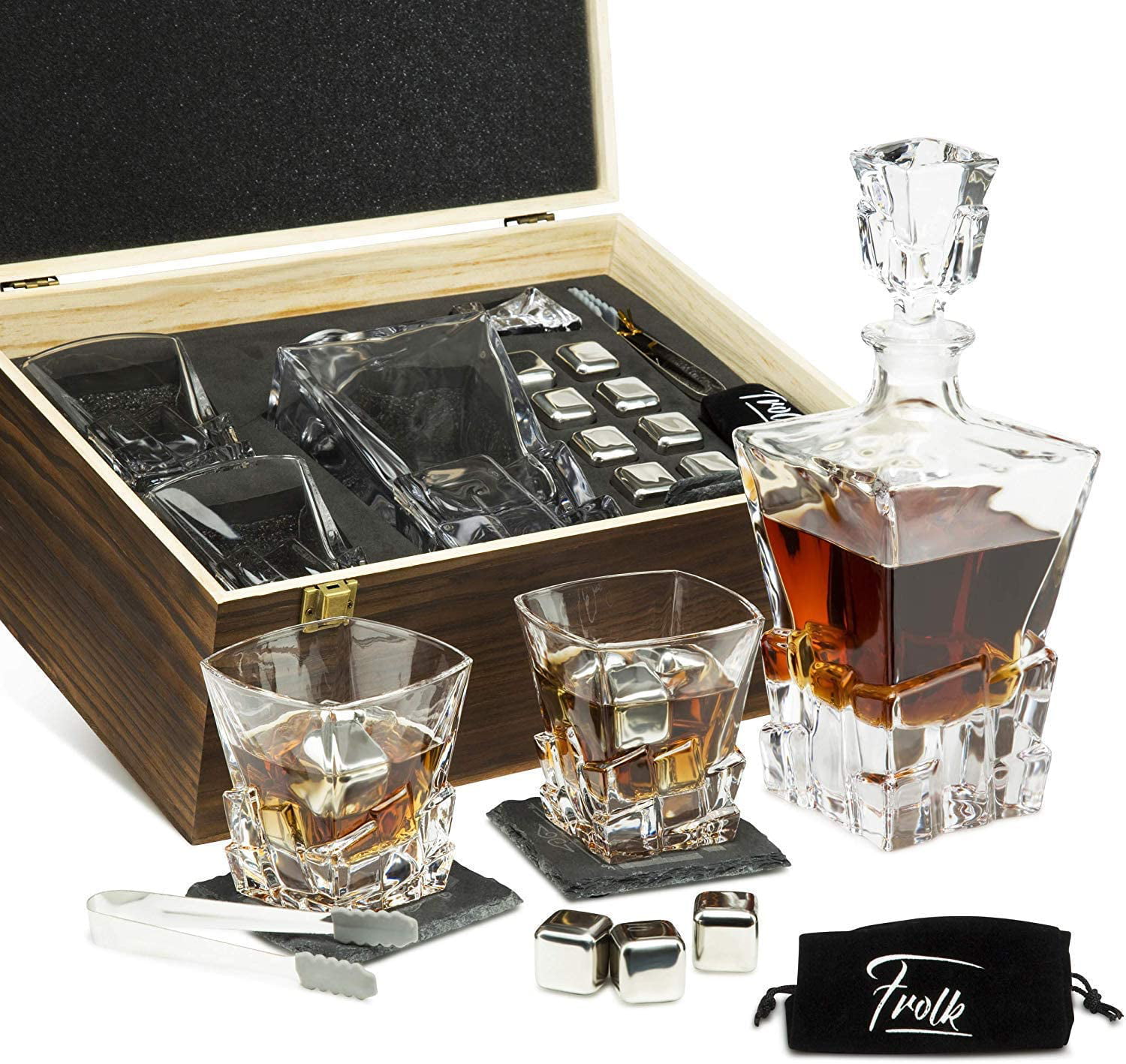 Premium Whiskey Stones Gift Set for Men Slate Stone Coasters 2 Bases 2 Chilling Stainless-Steel Swizzle Sticks Pouch Tongs 2 Whiskey Glasses 11 oz A Luxury Set in a Real Pinewood Box 