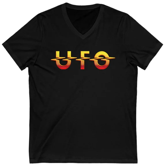 RARE basic UFO band logo V-neck black T-shirt Short sleeve All sizes JJ3955
