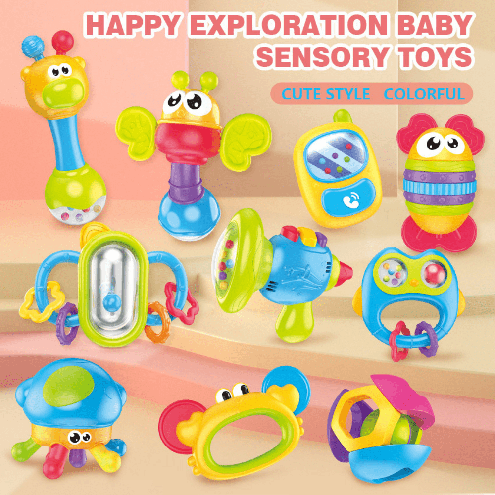Ludolm 10Pcs Baby Rattles Toy Set, Baby Toys 0-6 Months Infant Toys 6-12 Months Teethers for Babies 3-6 Months Easter Basket Stuffers, Sensory Teething Toys 0 1 2 3 4 5 6 Month Newborn Boy Girl Gifts