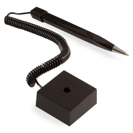 Set of 50, Counter Pens with Base for Reception Area, Telephone-Style Plastic Coil, Wedge-Shaped - Black (CPSCPSQSC)