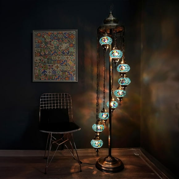 Asylove Turkish Lamp 9 Globe Mosaic Floor Lamp Mosaic Standing Lamp 9 Globe Mosaic Moroccan Lamps Floor Lamp For Decorative Home Designs Offer 5 Inch Globe - Total Height 70 Inch (Turquoise)