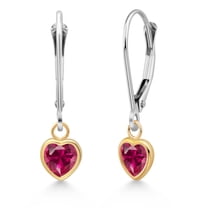 Gem Stone King 925 Sterling Silver and 10k Yellow Gold Red Created Ruby Drop Dangle Earrings for Women (1.20 Cttw, Heart Shape 5MM)
