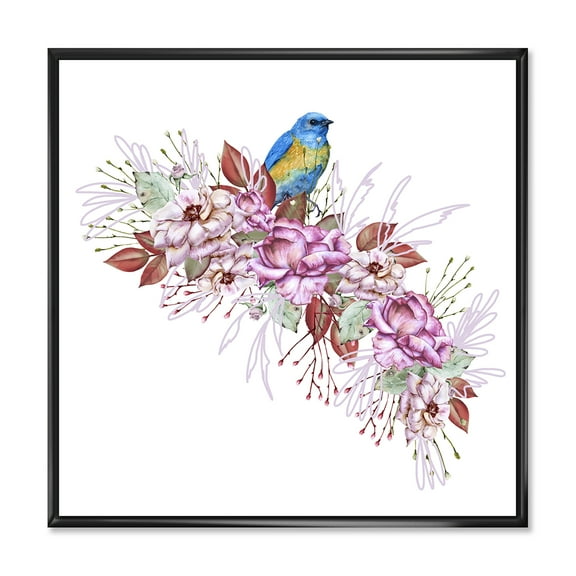 Designart 'Little Blue Bird Sitting On Colorful Boquet of Flowers' Traditional Framed Canvas Wall Art Print