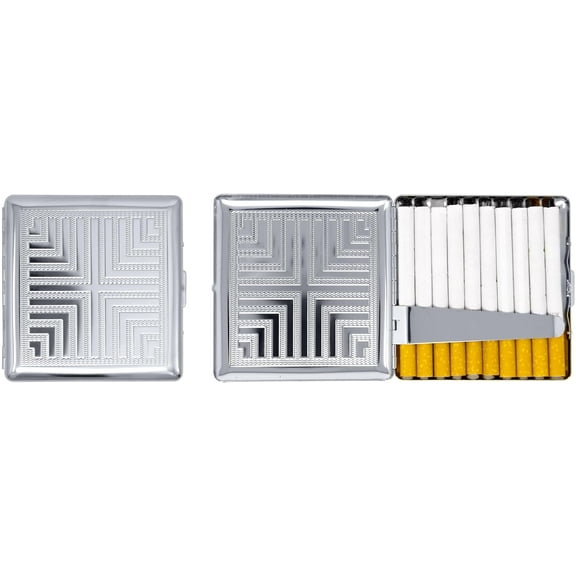 Set of 2 Compact Metal-Plated King Size Cigarette Case & Stash Box (Silver Cross Pattern)