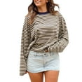thumbnail image 2 of Endives 2025 Women's Long Sleeves Shirts Blocking Striped Round Neck Loose Cotton Long Sleeved Striped T Shirt Light Yellow, 2 of 4